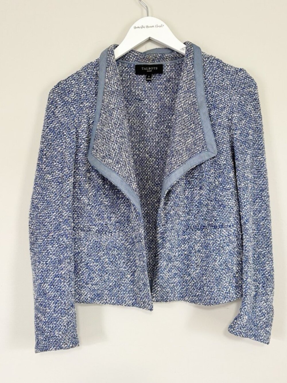 Talbots Women’s Blue Tweed Open Front Blazer Jacket Chambray Trim Size P